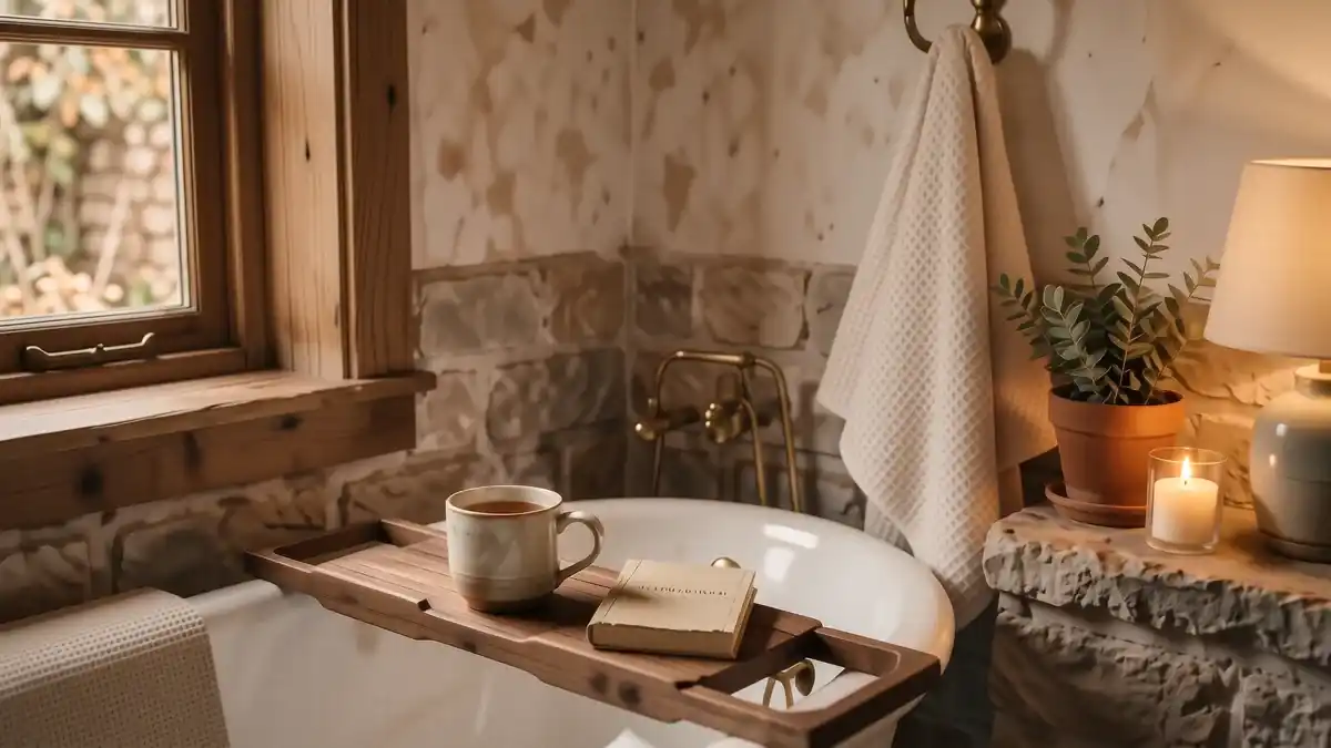 A cozy bathroom featuring a wooden bath caddy, amber glass soap dispensers, and warm candlelight.
