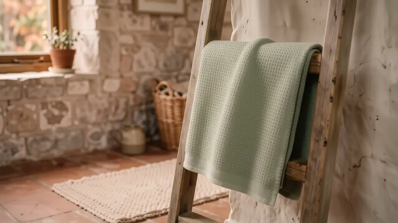 Sage green waffle towels and an oatmeal cotton bath mat on a warm terracotta tile floor.