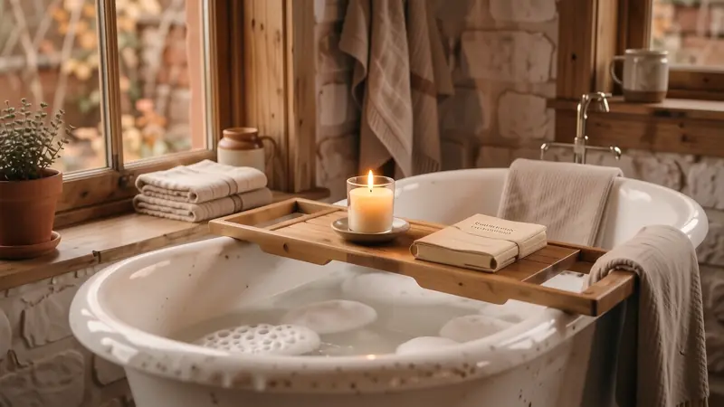 Wooden acacia bath caddy on a bubbly bathtub with a flickering candle.
