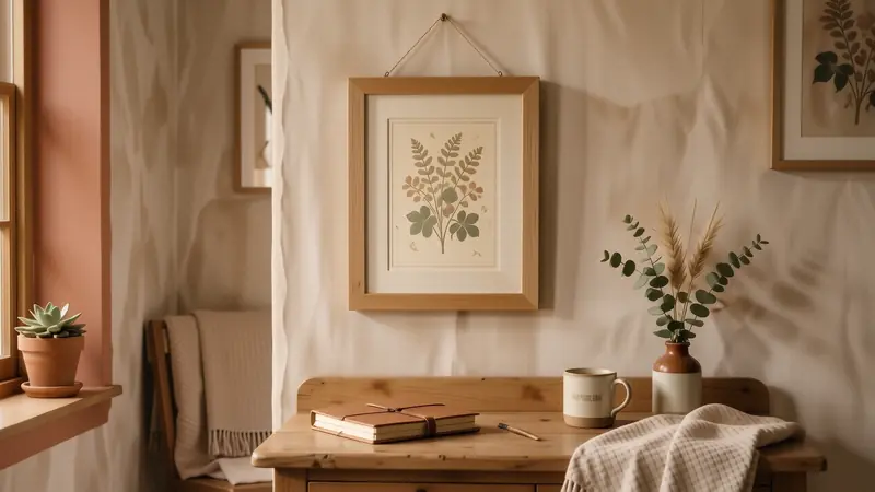 Framed botanical art in an oak frame hanging on a bathroom wall.