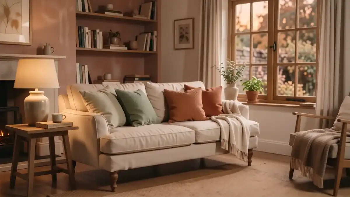 A wide shot of a cozy living room with a linen sofa, warm lighting, and jute rugs in earthy tones.
