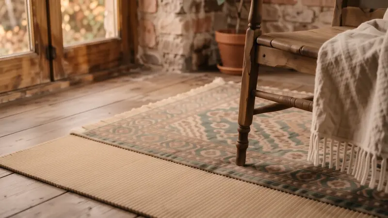 Layered jute and patterned blue wool rugs on a light wood floor in a bright room.