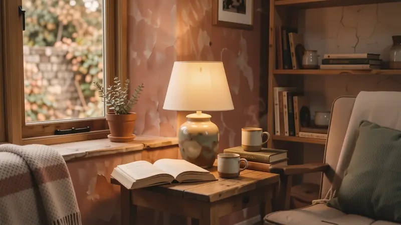 Warm amber light from a ceramic lamp illuminating a cozy reading corner.