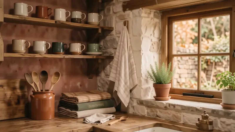 Kitchen shelving with rustic stoneware and wooden cooking tools.