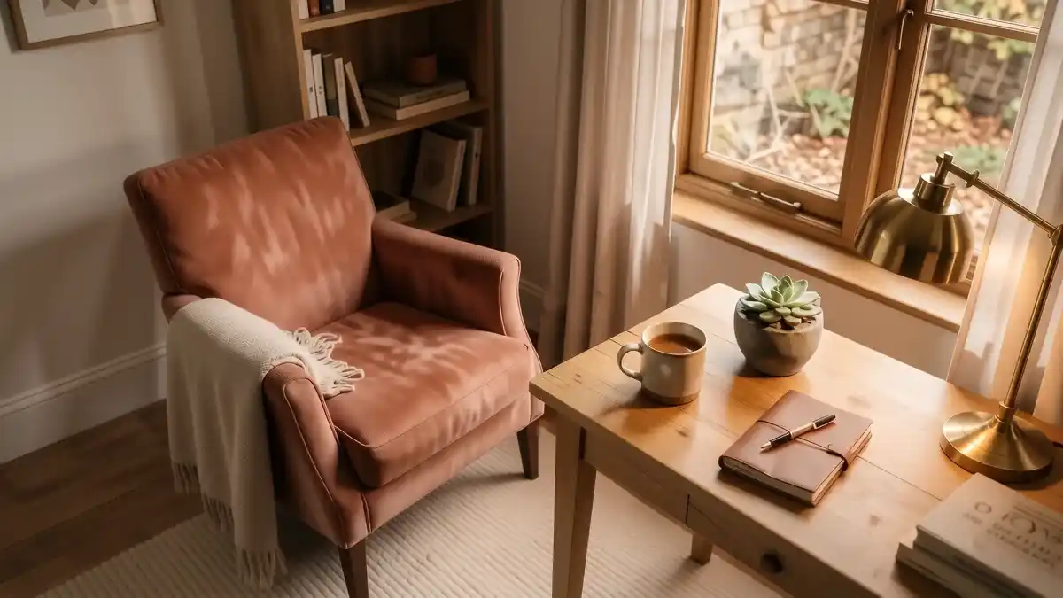 A soft sage green velvet office chair with a cream bouclé throw and a small brass lamp on a wooden desk.