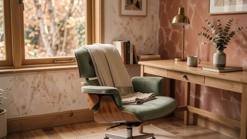 Sage green velvet swivel chair tucked under a light wood desk in a bright room.