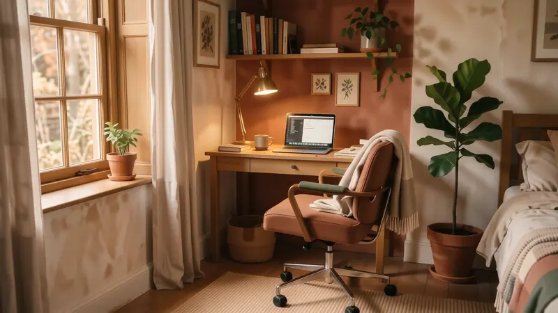 Cozy corner office setup in a bedroom with a plant and a jute rug.