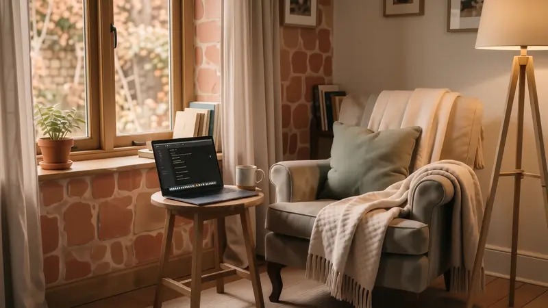 Upholstered armchair used as an alternative workspace in a sunny corner.