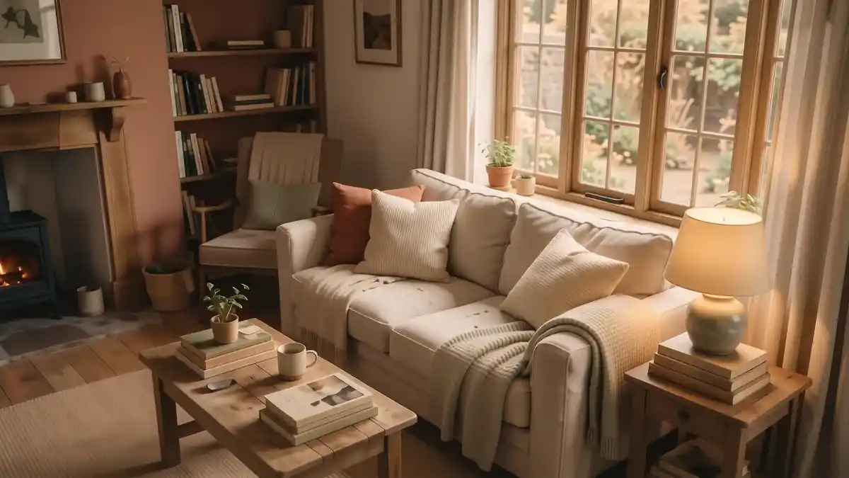 A cozy living room with oatmeal linen sofas, terracotta pillows, and warm amber lighting from a floor lamp.