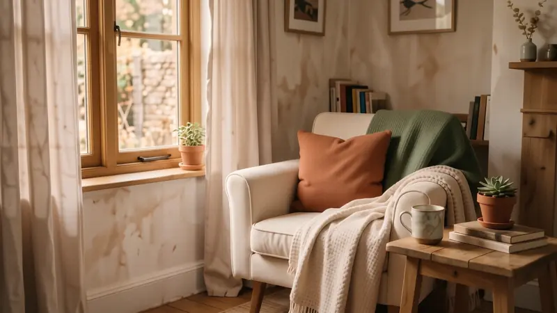 Cream boucle armchair next to oatmeal linen curtains in a bright, neutral living room.