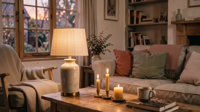 Warm lamp light illuminating a cozy living room corner during twilight.