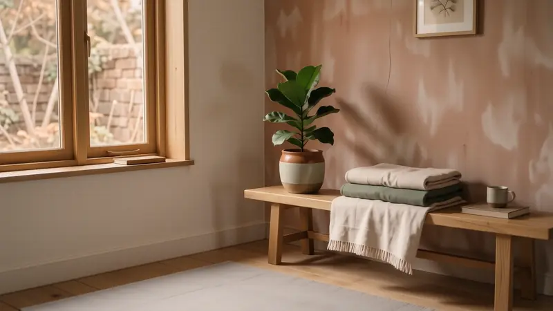 Minimalist zen corner featuring a wooden bench and a potted plant.