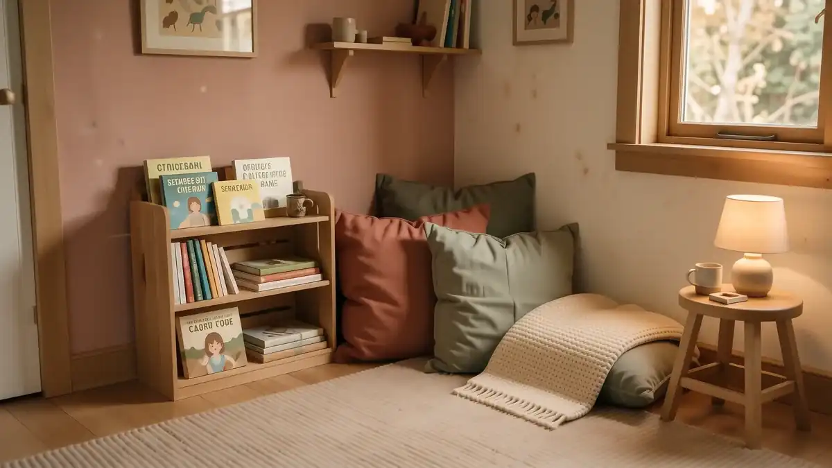 A cozy reading corner for a child with cream linen pillows, a sage green rug, and soft warm lamp lighting.