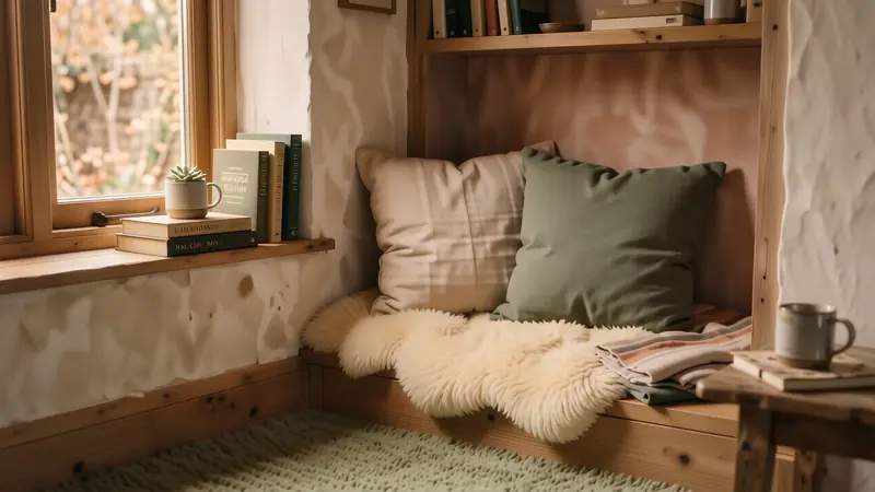 Layered textures including a green rug and soft linen pillows on a wooden floor.