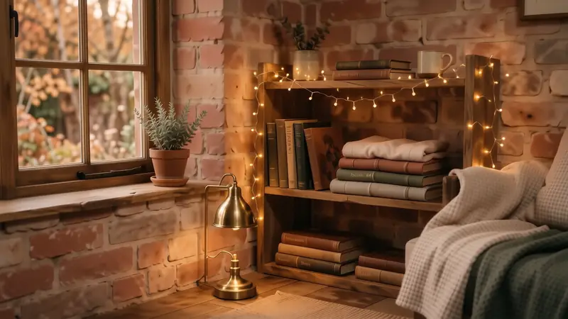 Warm golden light from a small lamp and fairy lights in a dark corner.