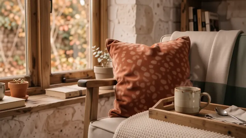 Close up of tactile textures including velvet and wood in a cozy nook.