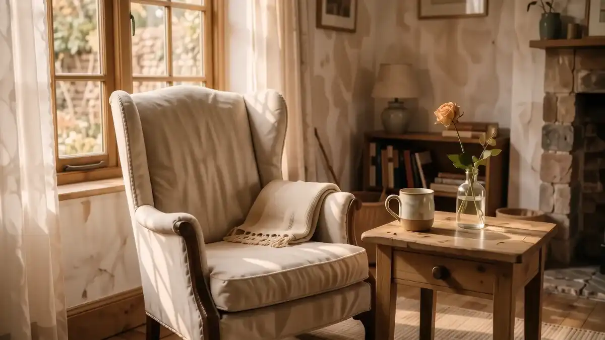 A cozy reading nook with a linen armchair, a wooden side table holding a steaming mug, and soft sunlight.