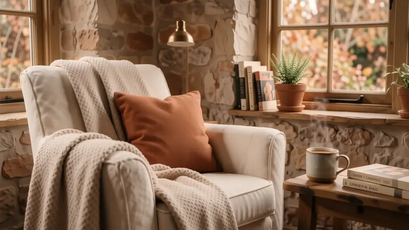 Cream bouclé armchair with an oatmeal linen throw in a sunlit corner.