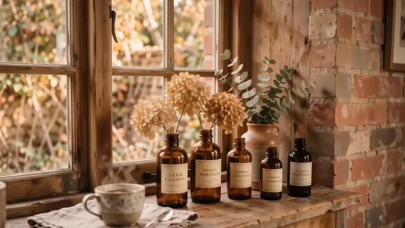 Amber glass vases with dried flowers on a sunny wooden windowsill.