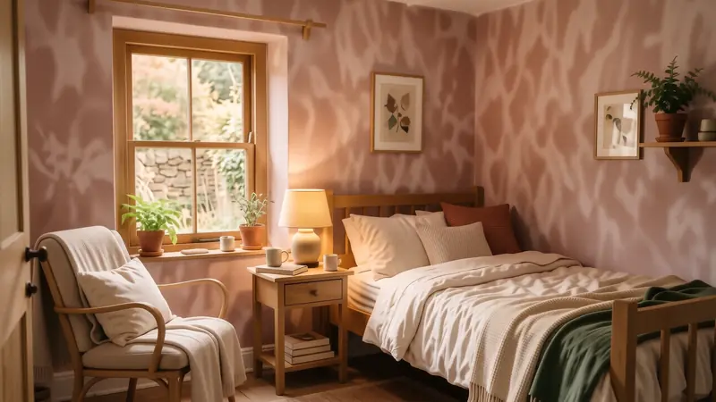 Small cozy bedroom with dusty rose walls and cream linen bedding.