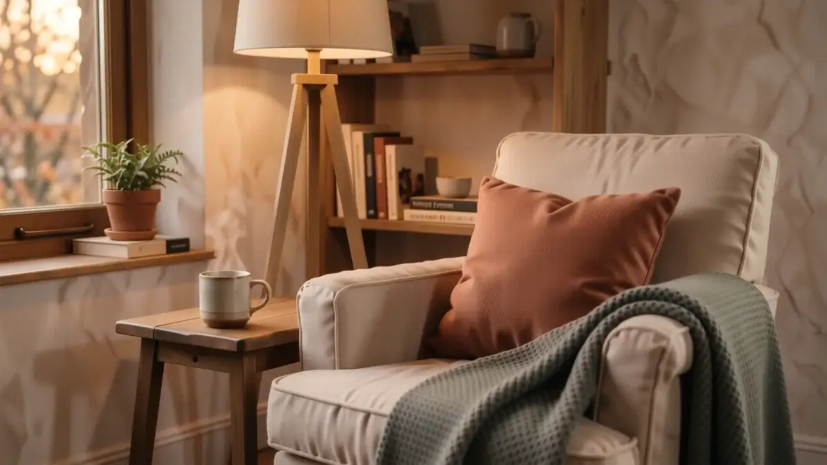 A cozy living room corner with a cream boucle chair, a soft knit blanket, and a warm lamp glowing on a side table.