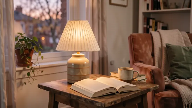 A warm bedside lamp with a pleated shade casting a golden glow on a wooden nightstand.