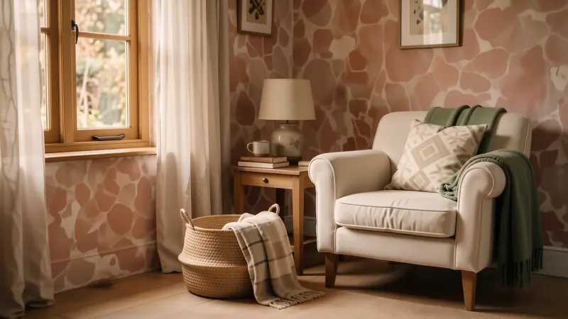 A cream boucle chair and a woven basket in a sunlit, cozy living room corner.