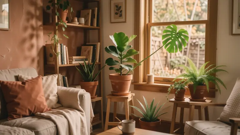 Lush green houseplants in clay pots sitting in a sunny apartment corner.