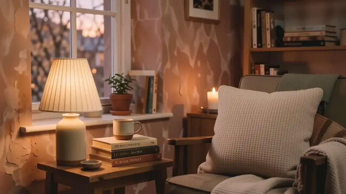 A cozy living room corner with a warm linen lamp, a soft beige armchair, and a glowing candle on a wooden side table.