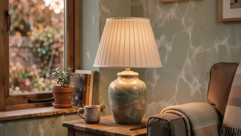 A ceramic lamp with a linen shade casting warm amber light on a sage green wall.