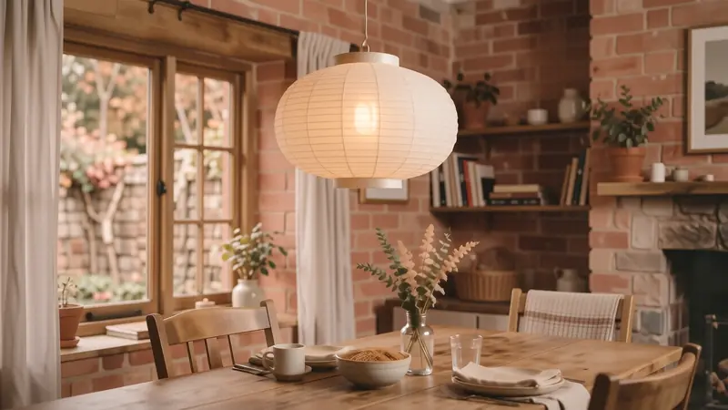 A soft glowing rice paper pendant lamp hanging over a dark wood dining table.