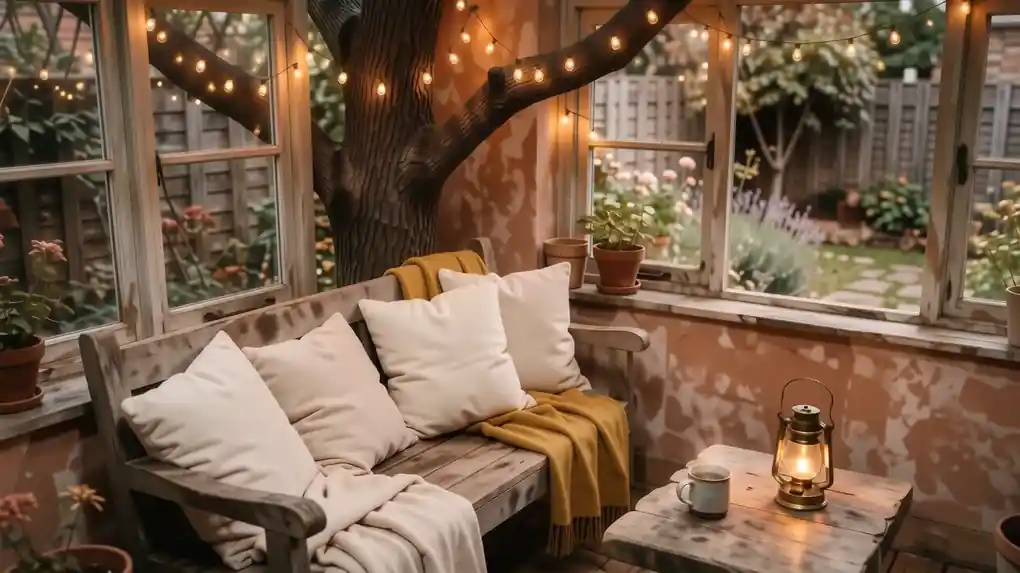 A cozy backyard patio at dusk featuring warm string lights, linen cushions on a wooden bench, and a small fire pit.