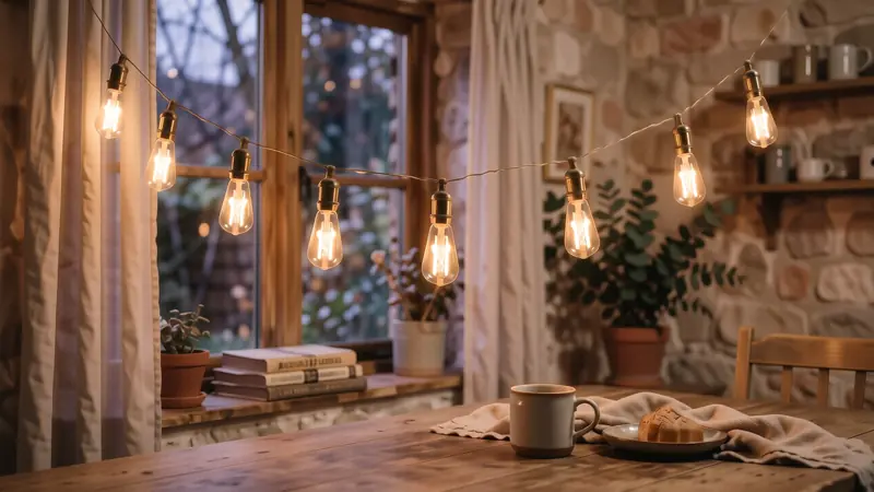 Warm Edison bulb string lights hanging over an outdoor dining table during twilight.