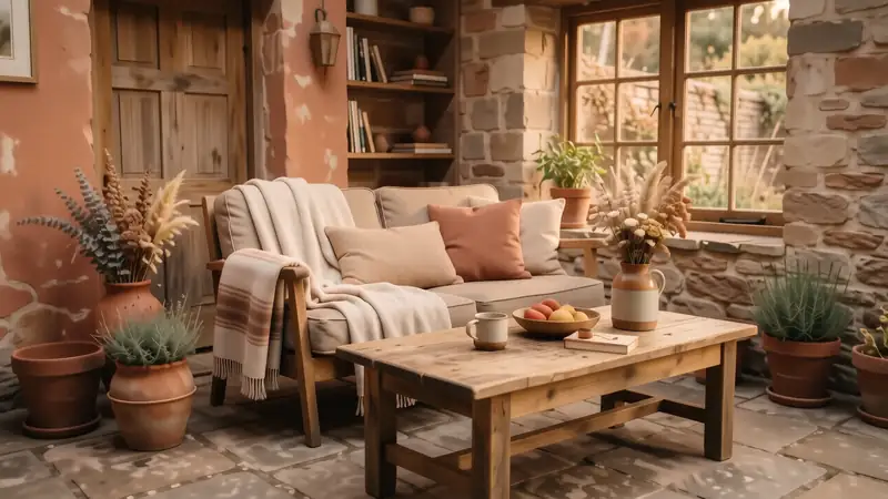 Reclaimed wood coffee table with terracotta planters on a natural stone patio.