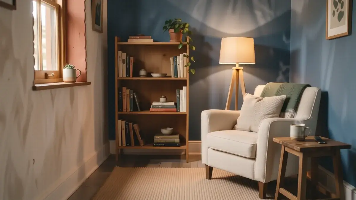 A cozy basement den with a navy blue wall, a thick cream boucle chair, and warm amber lamp lighting.