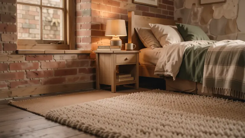 Thick cream wool rug layered over a natural jute rug on a dark wood floor.