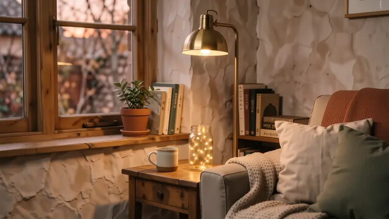 Warm golden light from a brass floor lamp illuminating a soft armchair.