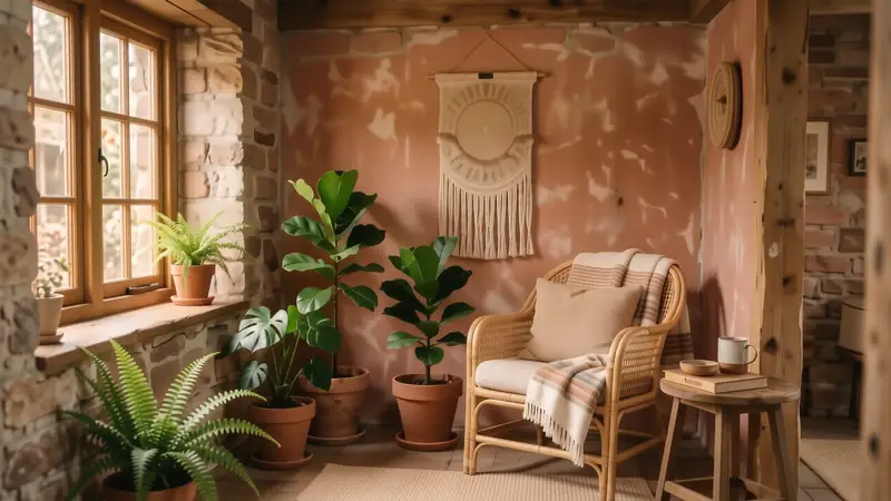 Bohemian styled basement nook with rattan furniture and indoor plants.
