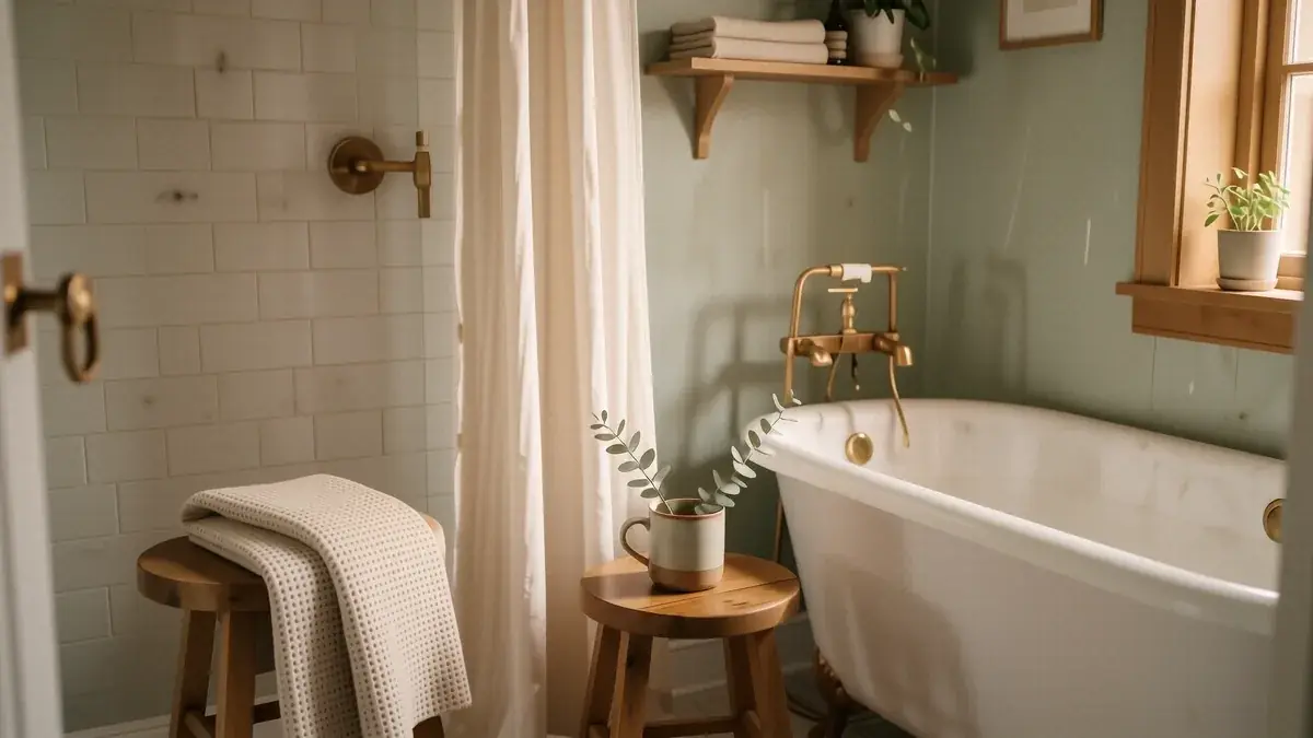 A cozy bathroom with sage green walls, a wooden bath caddy, and warm amber lighting.