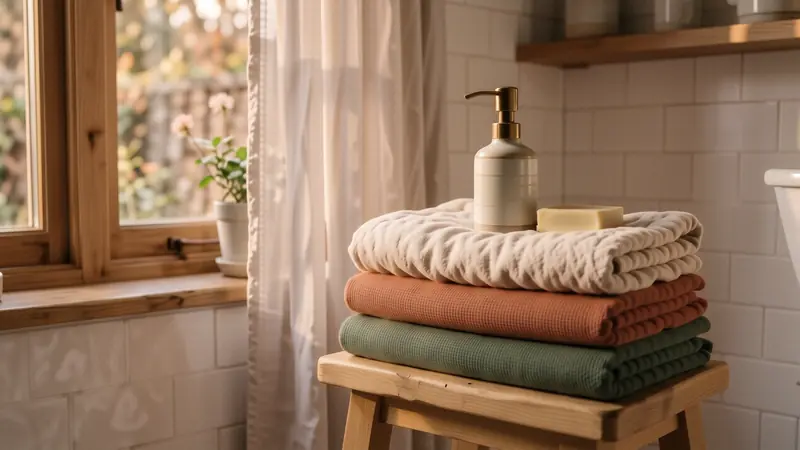 Stack of oatmeal linen towels on a wooden stool in a sunlit bathroom.
