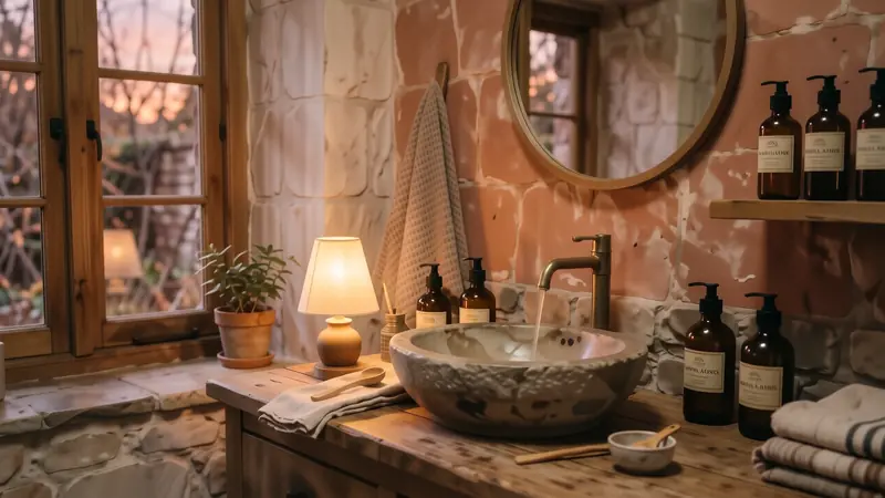 Warmly lit bathroom vanity with a small frosted glass lamp and amber bottles.