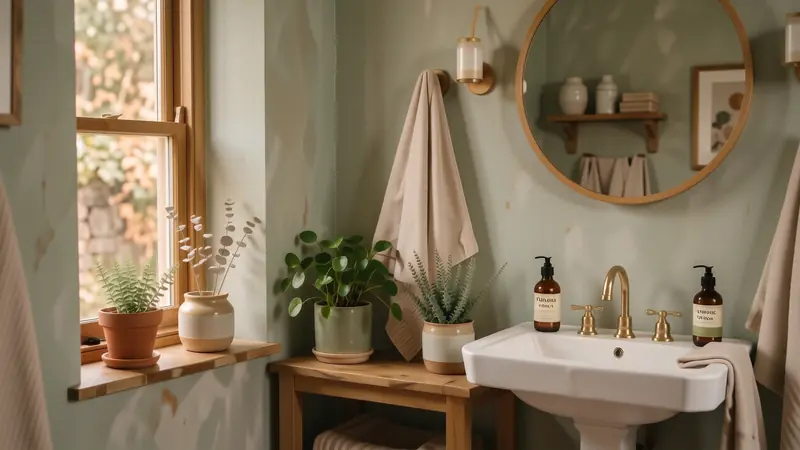 Sage green bathroom walls decorated with small potted indoor plants.