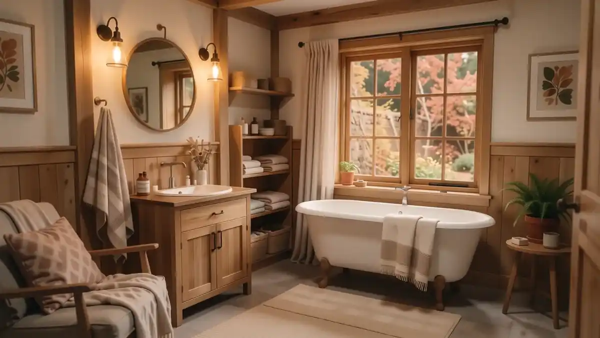 A cozy bathroom with warm lighting, wood accents and a plush bath mat