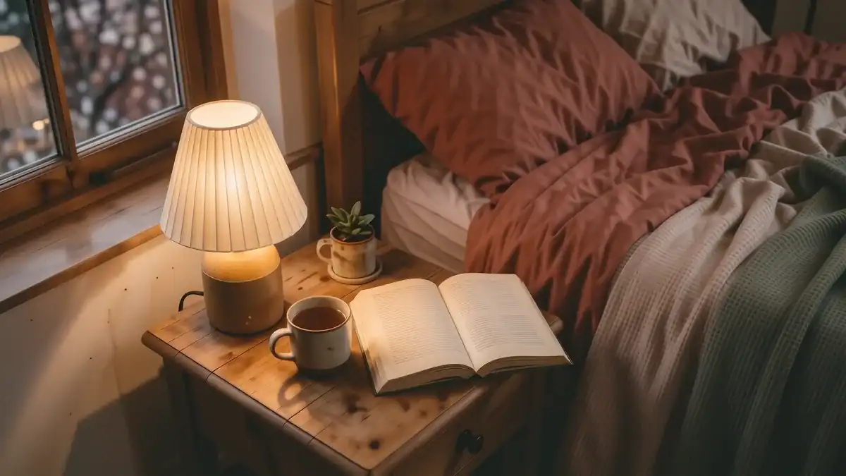 A cozy bedroom at dusk featuring warm amber bedside lamps, linen bedding, and soft shadows on oatmeal walls.