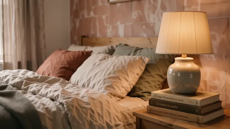 A ceramic lamp with a linen shade emitting a warm amber glow over bed linens.