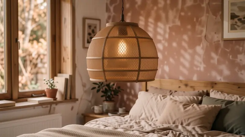 Rattan lamp casting patterned shadows on a warm colored wall.