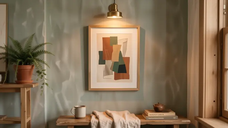 Brass picture light illuminating art on a bedroom wall.