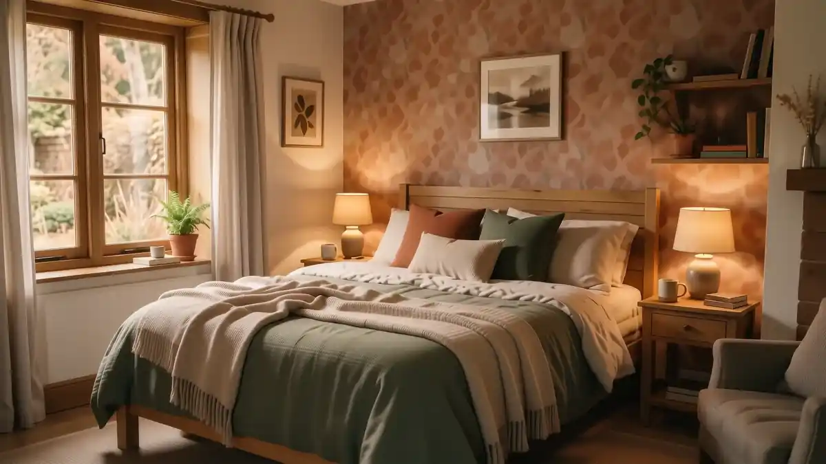 A cozy bedroom with warm bedside lighting and layered bedding
