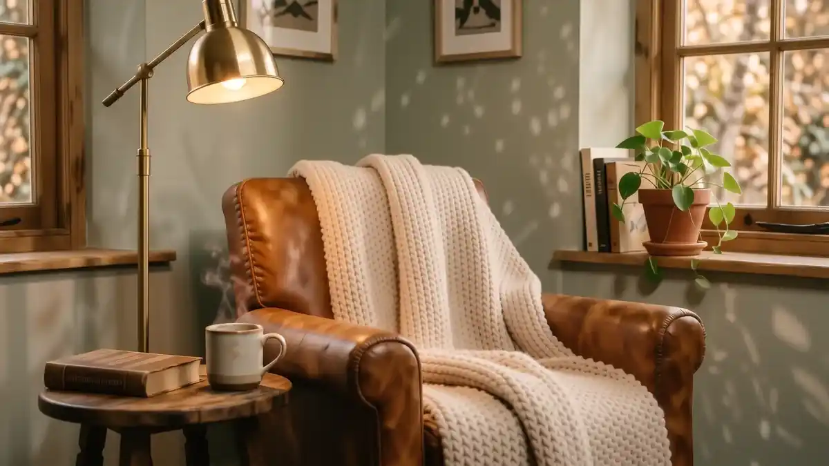 A plush cognac leather armchair with an oatmeal wool throw sits next to a small brass lamp in a sunlit corner.