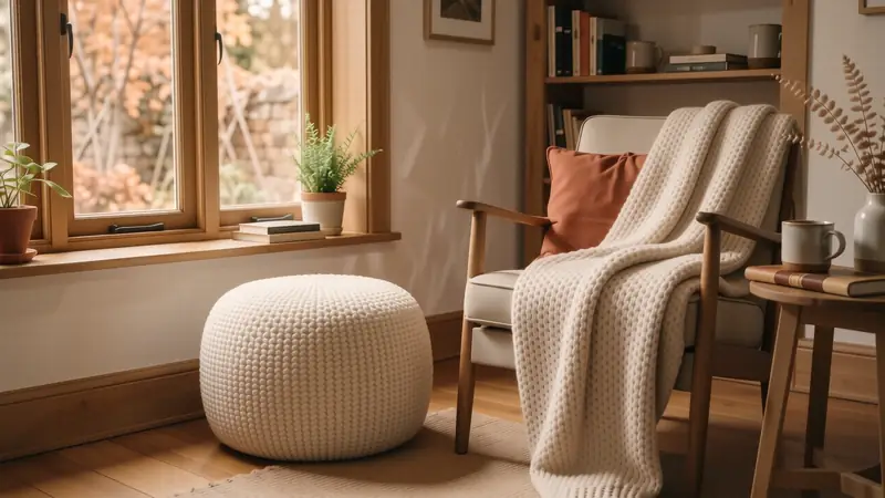 Textured decor including a boucle pouf and a heavy knit throw in neutral tones.